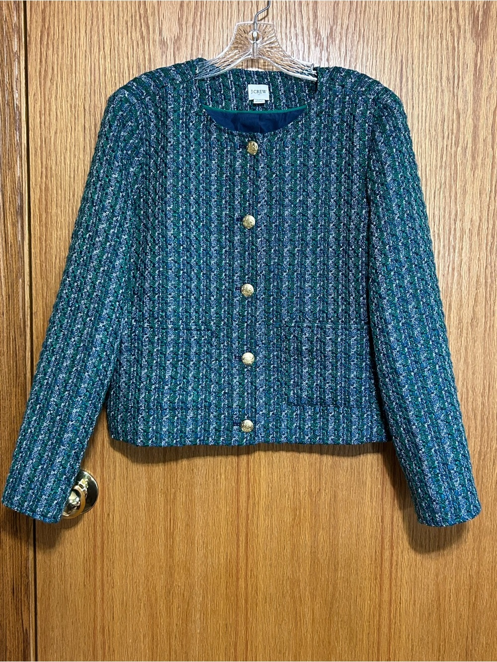 J Crew Tweed Lady Jacket Coat Sz 14 Green Blue Gold Crest Button preppy classic